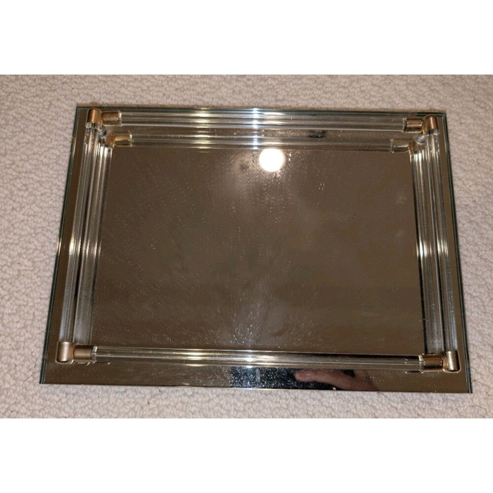 Art Deco Style Vanity Tray Dresser Mirror Perfume Tray/Lucite Rod/Rails 8x11”